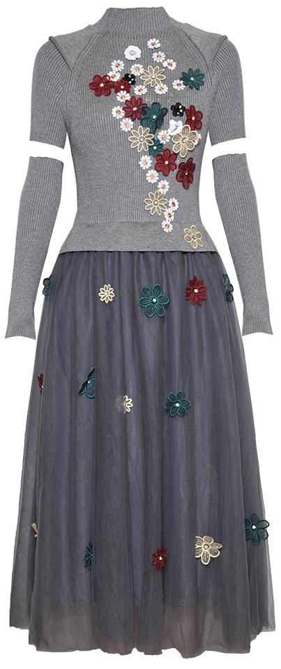 Flower-Appliques Knit and Mesh Dress with Sleeves