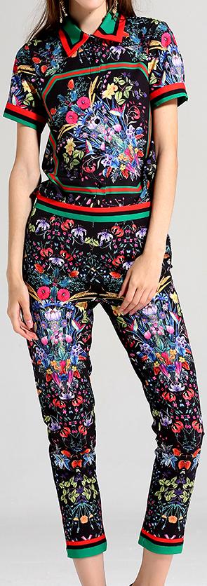 Floral Print Web Top and Capri Pant Set - Black or White