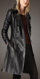 Black Genuine Leather Double-Breasted Trench Coat - DESIGNER INSPIRED FASHIONS