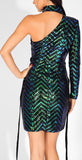 Sequin-Embellished One-Sleeve Mini Dress
