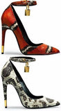 Padlock & Key Embellished King Coral Snake or Black with White Snake Leather Pumps - DESIGNER INSPIRED FASHIONS