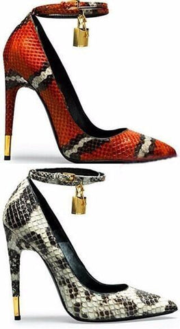 Padlock & Key Embellished King Coral Snake or Black with White Snake Leather Pumps - DESIGNER INSPIRED FASHIONS