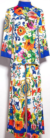 Majolica Print Top and Wide-Leg Cropped Pant Set