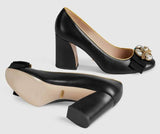 Leather Mid-Heel Pumps with Bee