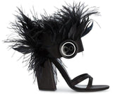 Feather-Trimmed Satin Sandals - Black