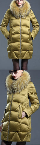 Puffer Down Coat with Removable Fur, Gold