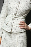 Belted Button-Embellished Jacket and Skirt Set, White