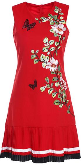 Sleeveless Embroidered Pleated-Hem Dress, Red