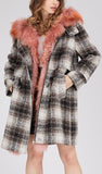 Fur-Trim Plaid Wool Coat, Pink Fur