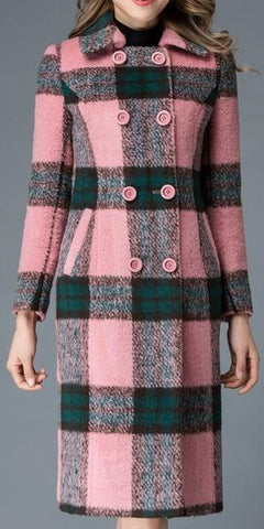 Double-Breasted Pink Check Coat - DESIGNER INSPIRED FASHIONS