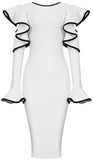 Contrast-Trim Ruffled Cut-Out Stretch Knee-Length Dress, Black or White