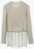 Rhinestone-Tassel Knit Cardigan Sweater