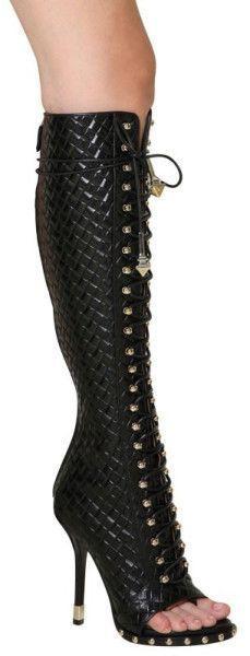 115 mm Printed Weave Open Toe Boots in Black