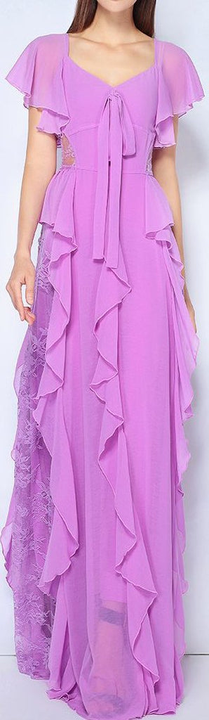 Ruffle Chiffon Dress with Lace Detail