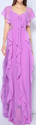 Ruffle Chiffon Dress with Lace Detail