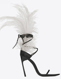 Iris 105 Feather Sandals, White Feathers and Black Leather