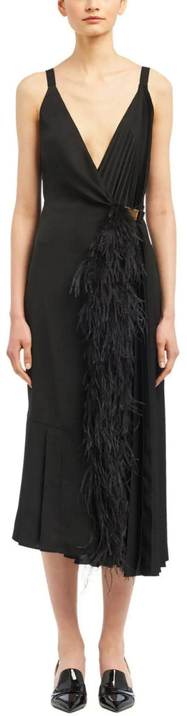 Fluid Twill Dress with Feathers