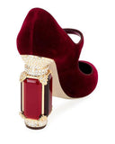 Velvet Mary Jane Pumps with Jewel Heel - Red or Green