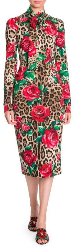 Leopard Rose Print Tie Neck Tubino Dress