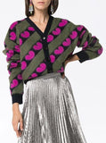 Fluffy Heart Print Wool-Blend Cardigan