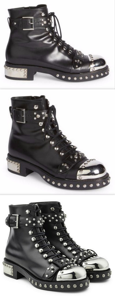 Studded Lace-Up Cap-Toe Boot, Black