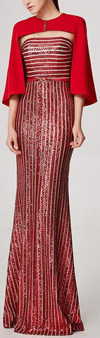 Sequin-Embellished Gown with Capelet