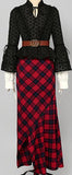 Black Ruffled Blouse with White Shirt Detail and Long Asymmetrical Plaid Skirt and GG Logo Belt Set