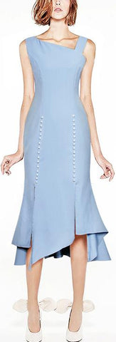 Blue Asymmetrical Faux-Pearl Embellished Dress