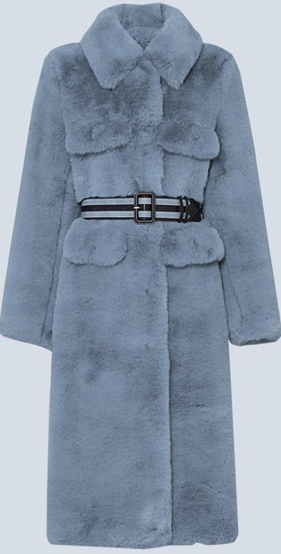 Belted Faux-Fur Coat, Steel Blue