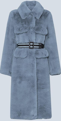 Belted Faux-Fur Coat, Steel Blue