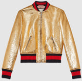 Crackle Leather Metallic Bomber Jacket-Gold - DESIGNER INSPIRED FASHIONS