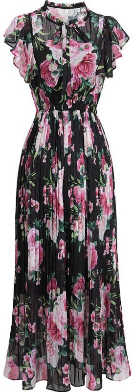 Floral Pleated Flutter-Sleeve Dress - Black or White