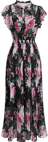 Floral Pleated Flutter-Sleeve Dress - Black or White