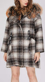Fur-Trim Plaid Wool Coat, Natural