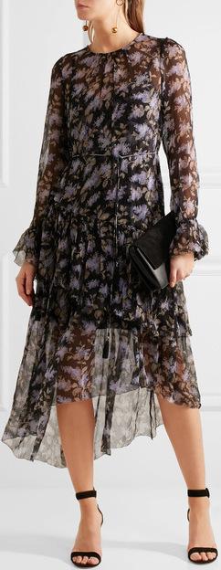 Ruffled Floral Print Silk Georgette Dress
