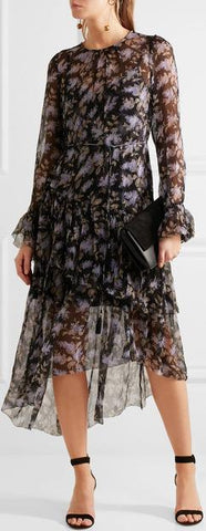Ruffled Floral Print Silk Georgette Dress