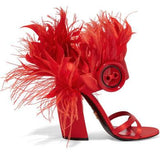 Feather-Trimmed Satin Sandals - Red or Orange