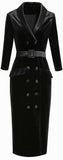 Double-Breasted Belted Velvet Midi Dress, Black