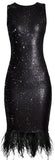 Feather-Trim Sequin Dress - Black or Blue