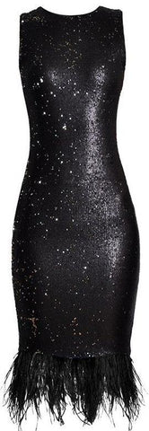 Feather-Trim Sequin Dress - Black or Blue