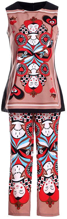 Crystal-Embellished Printed Top and Capri Pant Set