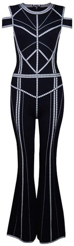 Black Paneled Cold-Shoulder Stretch Jumpsuit