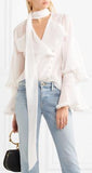 Bell-Sleeved Tie-Neck Blouse
