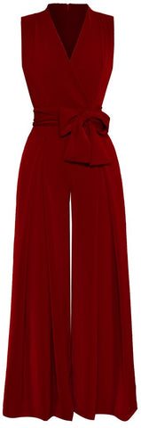 Wrap-Effect Wide-Leg Jumpsuit in Wine Red