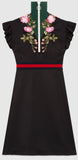 Floral-Embroidered Zip-up High Neck Web-Trim Dress