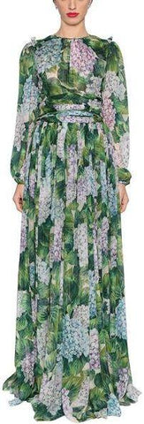 Green Hydrangea Printed Chiffon Dress