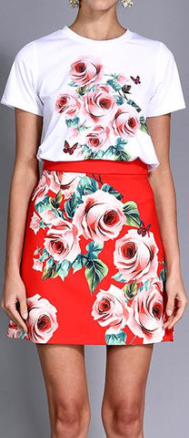 Rose Print T-Shirt and Mini Skirt Set
