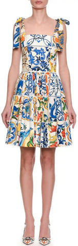 Sleeveless Fit-and-Flare Tile Print Dress with Ties