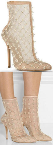 Pearlette Beaded Mesh Leather Ankle Boots
