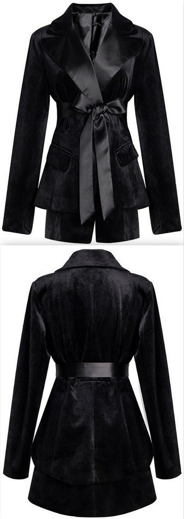 Black Velvet Blazer with Tie-Belt